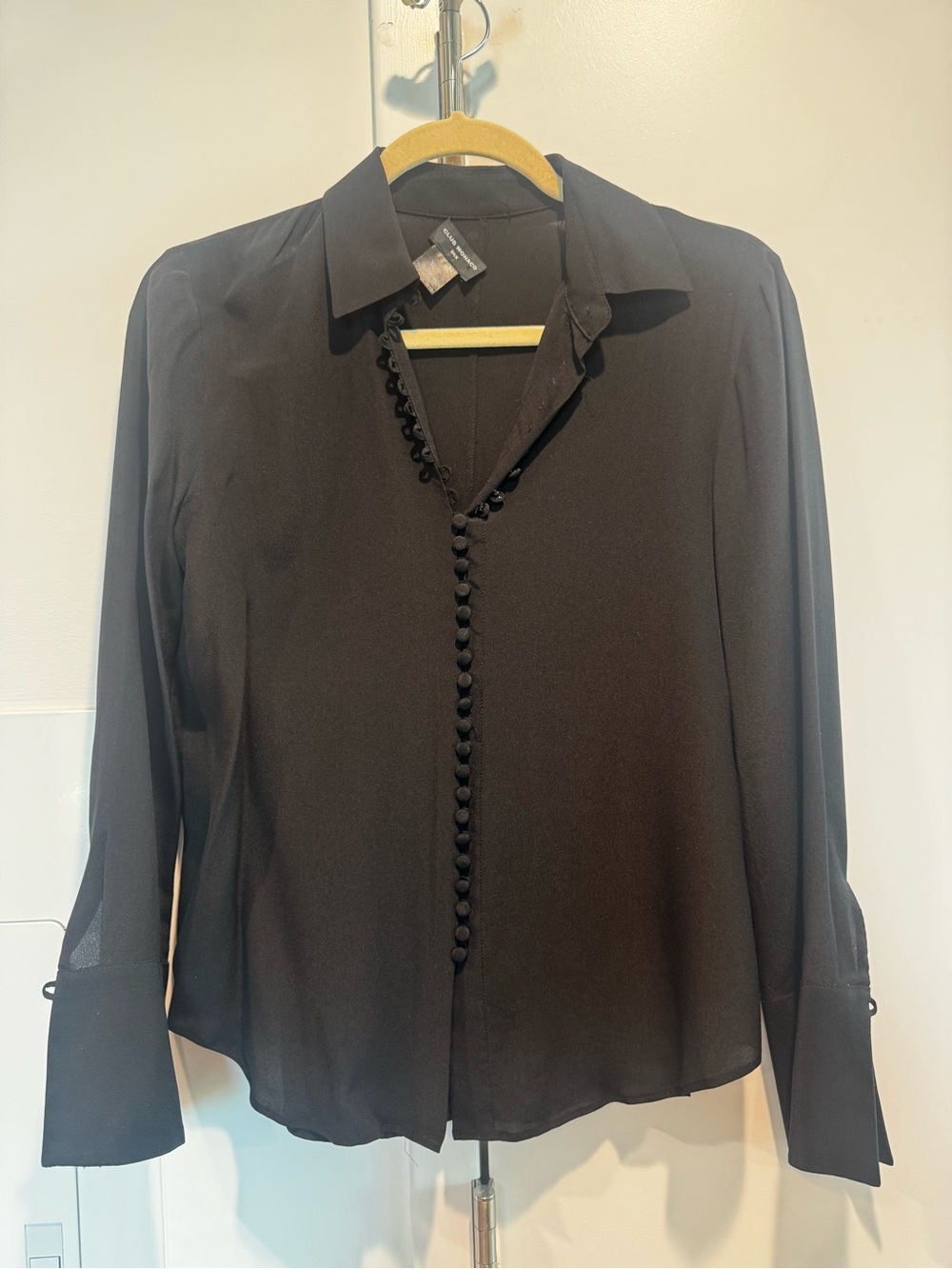 Club Monaco Black Button-Trim Collared Long-Sleeve Blouse